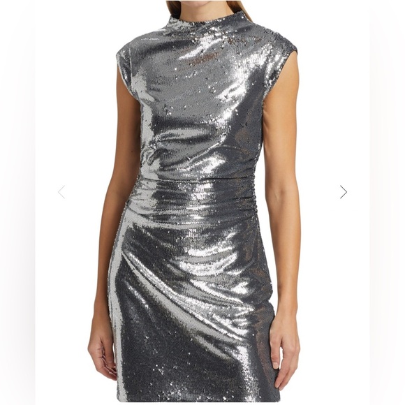 MICHAEL KORS Sleeveless Mock Neck Silver Ruched Silver Sequin Mini Dress Size XS - Picture 4 of 9